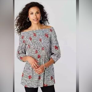 J Jill Convertible Top Tunic Knit Smocked Cotton Rayon Floral Tall Medium